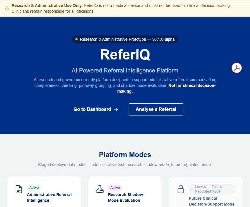 ReferIQ landing overview for AI-supported referral intelligence with administrative and research modes